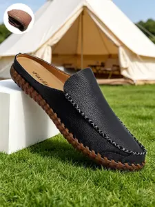 Men's Mules Breathable Lightweight Whipstitch Cowhide Leather Backless Loafers Slip-On Flat Casual Shoes Minimalist Summer Black Brown Genuine Leather for Office Casual Wear Big Size11 12 13 14 15 Walking Shoes Footwear