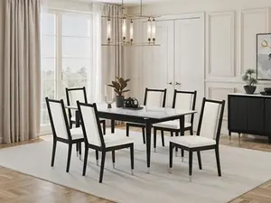 FM32001BK-T-7PC 7 pc Maidstone black finish wood tapered legs dining table set with sintered stone top