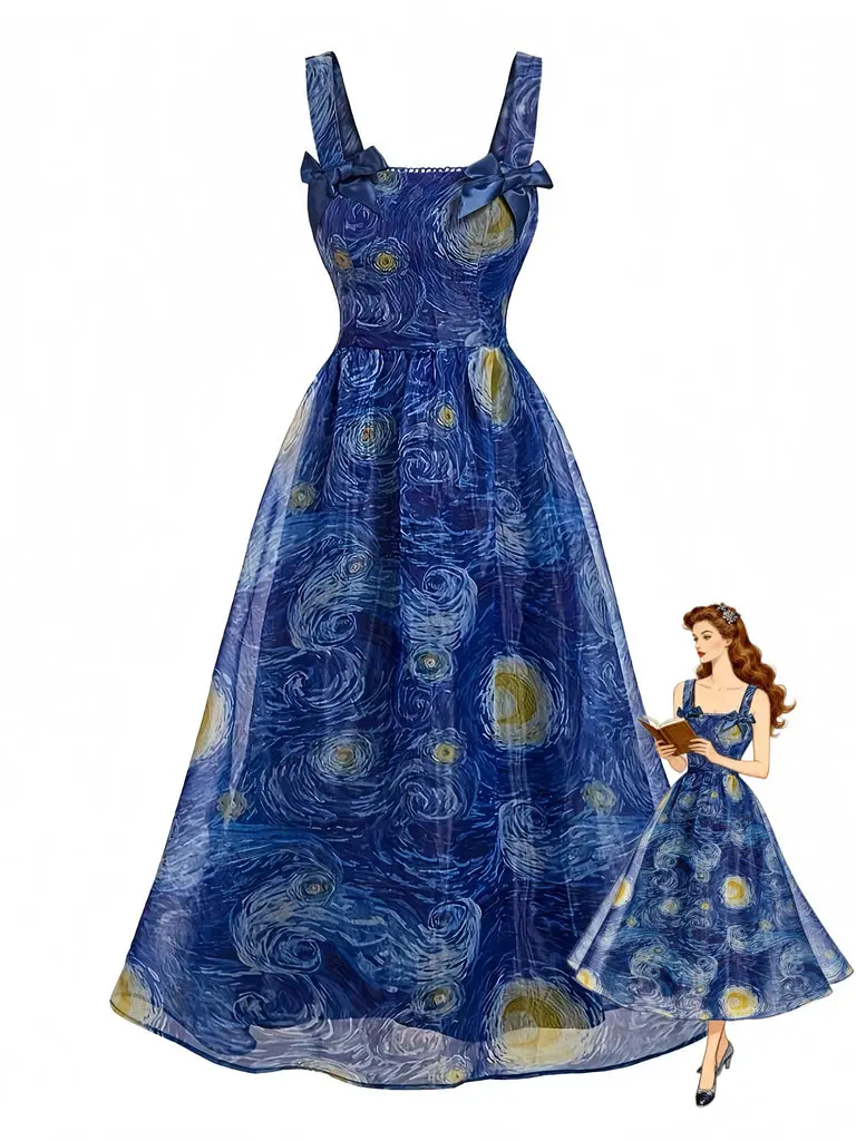 Blue 1940s Square Neck Starry Night Bow Swing Dress BackToSchool Sohochic Fall Dresses Fall outfits Fall fashion