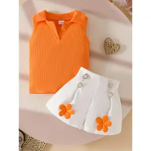 [2pcs Summer Girl Set] 2pcs Summer Toddler Girl Solid Color Top + Sunday Flower White Shorts Fashion Outerwear Set