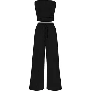 Womens Summer Outfits 2 Piece Sets Casual Ribbed Knit Crop Tube Top Wide Leg Pants Spring Matching Lounge Set
