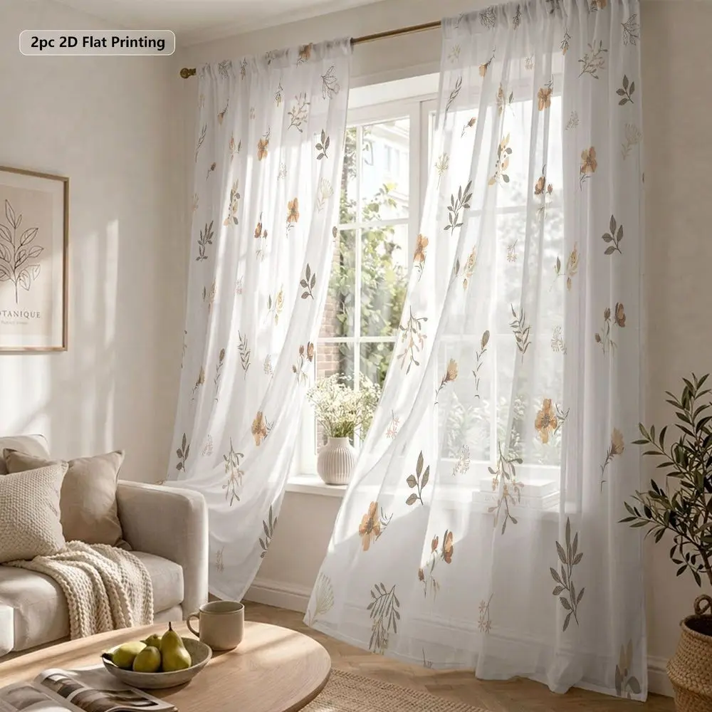 2pcs Vintage Floral Sheer Kitchen Curtains, Earthy Tone Nature-Inspired Privacy Drapes, Light Filtering Polyester Window Treatments, Rod Pocket Design, Set of 2