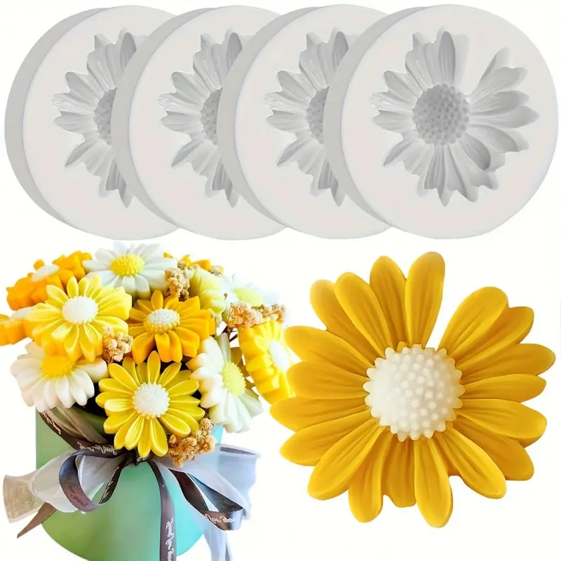 4-Piece Daisy Flower Handmade Silicone Molds Molding Set, 3D Floral Decoration Molds for DIY Candle Soap Resin Concrete Crafts, Versatile Polymer Clay Tools, Soap Making Supplies