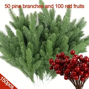 150pcs Christmas Artificial Pine Branches with Berries, 26.92cm Lifelike for DIY Crafts, Wreaths, Home Decor, Holiday Arrangements