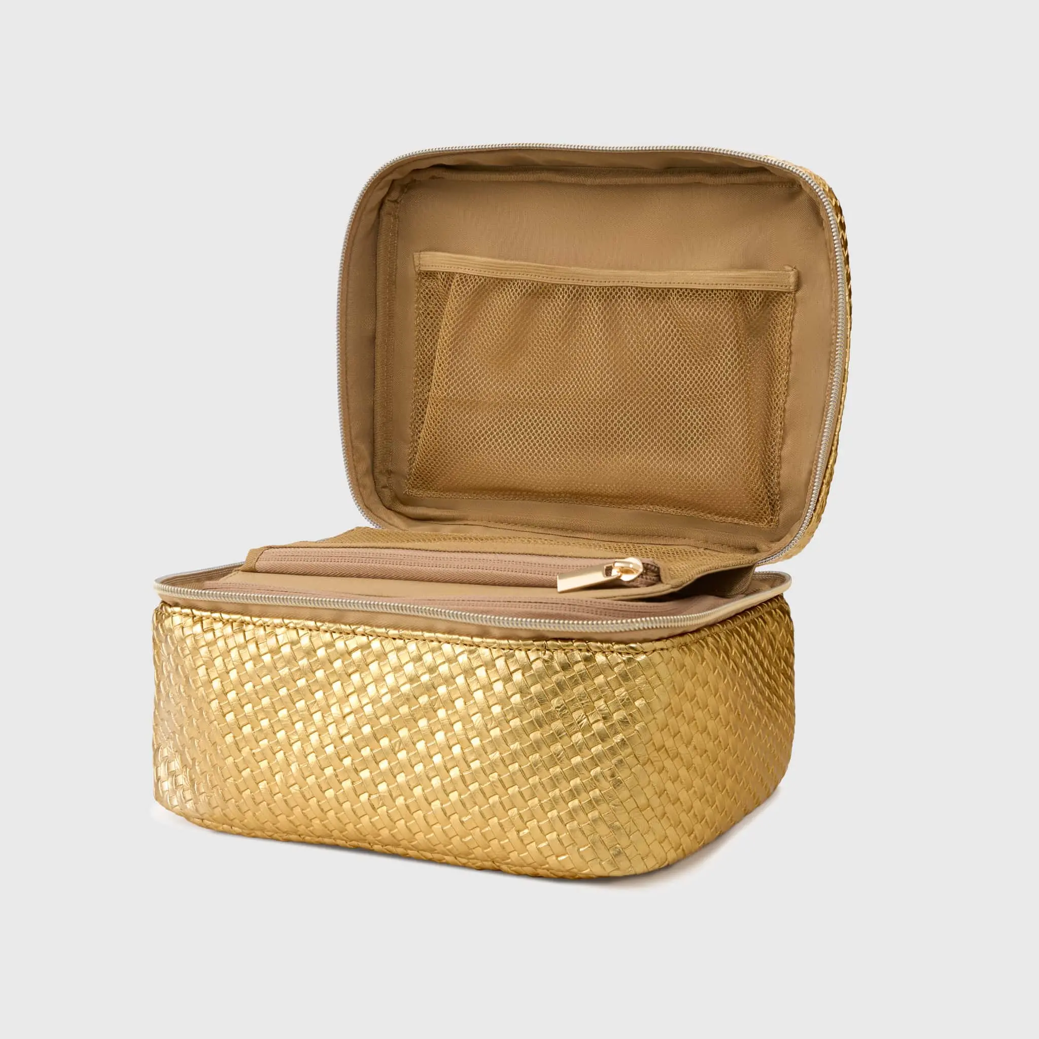 Laura Geller Train Case - Gold Woven Design with Mesh Interior and Zip Closure