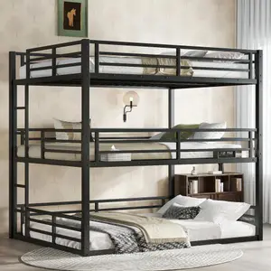 Bellemave Metal Triple Bunk Bed - 3-Level Heavy-Duty Noise-Reduced Minimalist Platform Frame with Safety Rails, Easy Assembly, Modern Bedroom Decor Addition, Black Indoor Bed, Minimalist Platform Bed