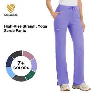 Kecols High Rise Yoga Scrub Pants Women - Straight Leg Uniform Pants with Cargo Pocket, Anti-Wrinkle & Knit Yoga Waistband 5 Pockets&4-Way Stretch SpringStatements