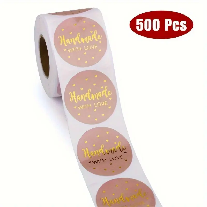 500pcs Adorable Round Kraft Paper Stickers - Handmade with Love Self Adhesive Decorative Labels for Baking, Wedding, Party Decorations - Perfect for DIY Crafts, Gift Tags, and Scrapbooking, Sticky Labels