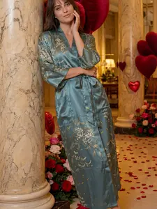 Plus Size Nightgown Fashion Casual Loose Fit Printed Sleepwear, Long Silk-Like Sexy Sleep Dress Robe with Pockets, Three Quarter Sleeves