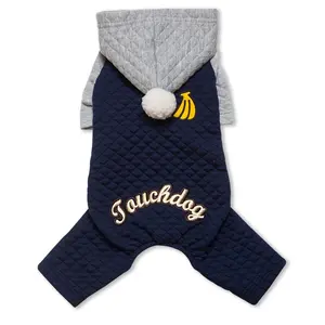 212 MAIN Large Size Pet Dog Hooded Sweater - Cotton Blend, Embroidered Logo, Leash Slit, Pom-Pom Hood, Stylish Fashion Designer Style, Navy & Grey