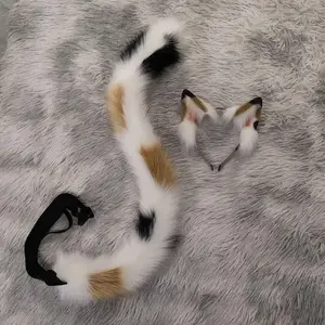 Movable Cat Tail Simulation Cosplay Calico Cat Ear Cat Tail Headband JK Hair Accessories Lolita Hair Accessories