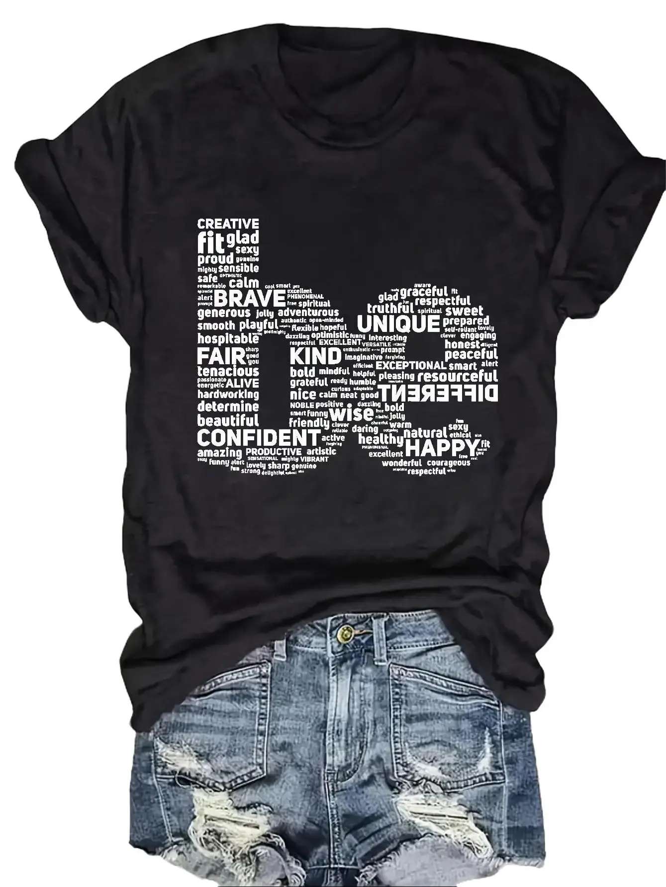 Women's Cotton Inspirational Word Cloud Print T-Shirt - Soft Breathable Round Neck Short Sleeve, Positive Affirmations, Medium Stretch Casual Top for Spring Summer Daily & Party Wear, Machine Washable Tee, TV-Ready Tops for Women, T Shirts For Women