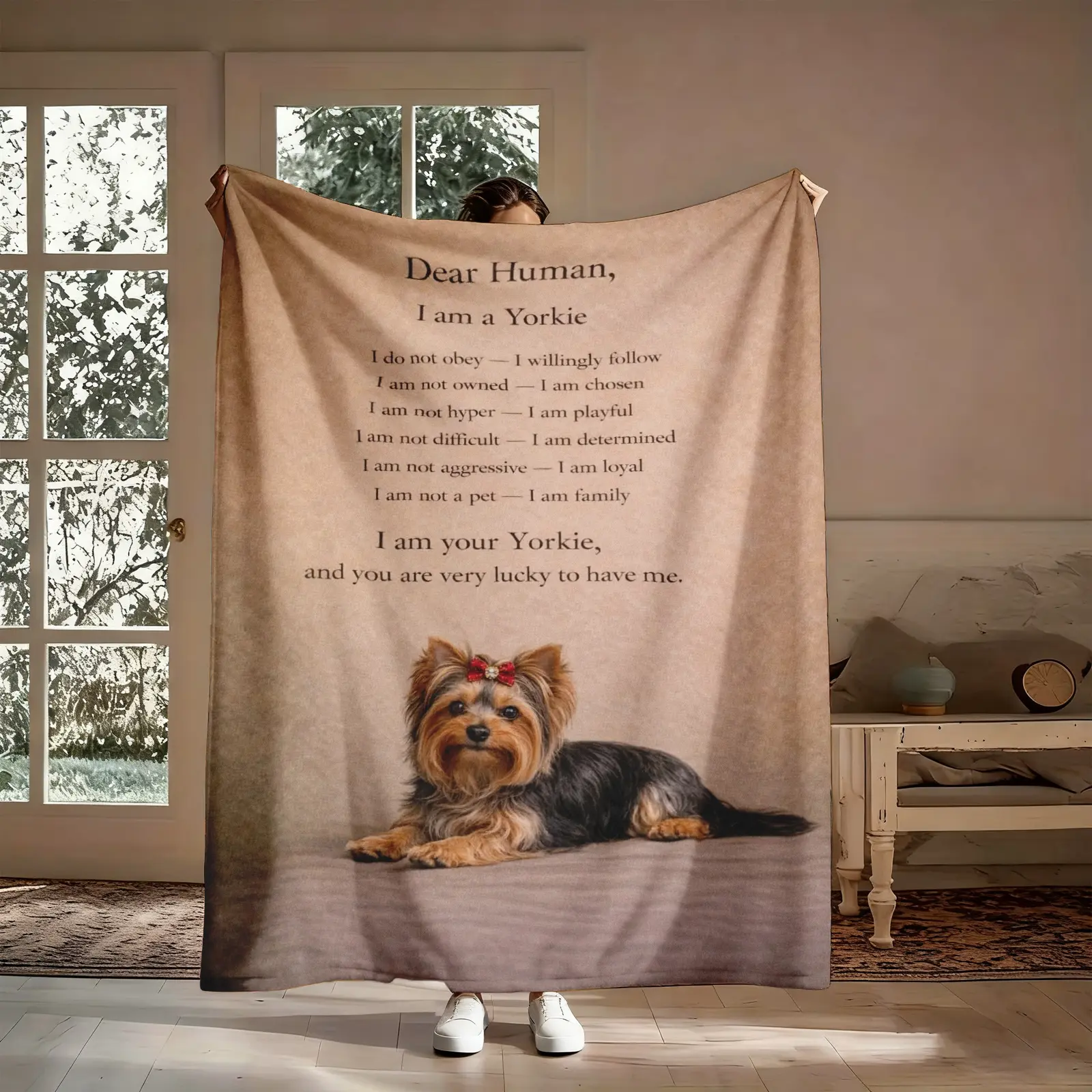 Yorkie Flannel Throw Blanket - Modern Quote Print, Tightly Woven Durable Fabric, Wrinkle Resistant, Heat Retention, Double-Sided Functionality, Compact Square, Soft Cozy, for Bedroom Couch, Sentimental Gift for Yorkshire Terrier Lover Mom