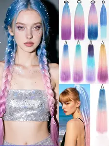 Women's elastic band ponytail braid hair extension with gold and silver tinsel, long straight multicolor laser braided ponytail.