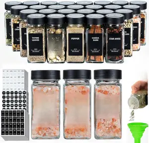 24Pcs Spice Jars Containers with Labels 4oz Black Seasoning Bottles with Shaker Lids for Rack Cabinet Drawer Empty Square Condiment Pots Lead Free Glass & Edible Plastic Labels Cover Kitchen