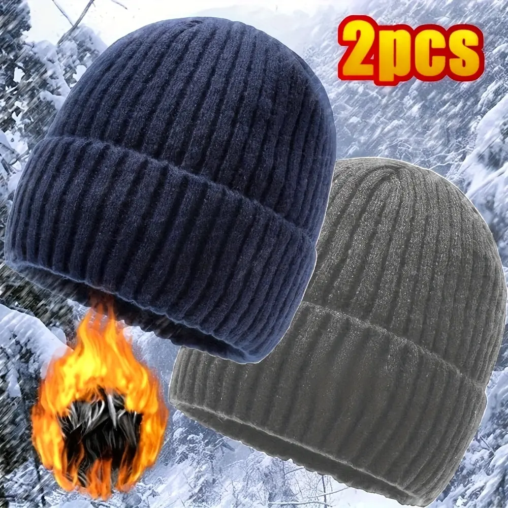 2-Pack Men's Winter Fashion Fleece-Lined Thick Knitted Hats, Outdoor Cycling Warmth Large Head Circumference Knitted Hats, Ski Hats