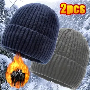 2-Pack Men's Winter Fashion Fleece-Lined Thick Knitted Hats, Outdoor Cycling Warmth Large Head Circumference Knitted Hats, Ski Hats