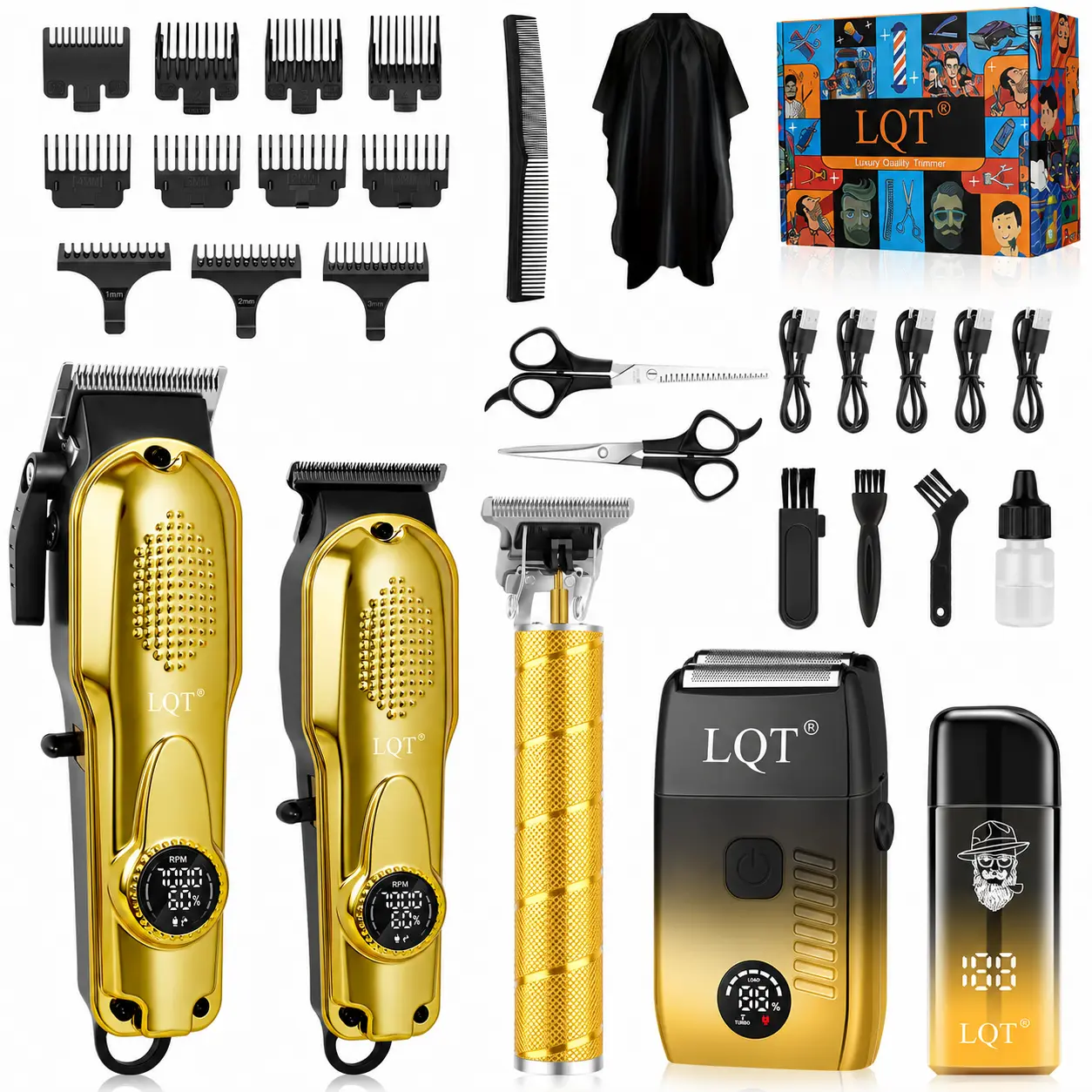 LQT 5-in-1 Professional Hair Clippers for Men - Rechargeable Cordless Trimmers, Barber Equipment, Salon-Style Grooming Kit with Double Foil Shaver, Nose Trimmer, LED Display, USB Charging, Gift Box