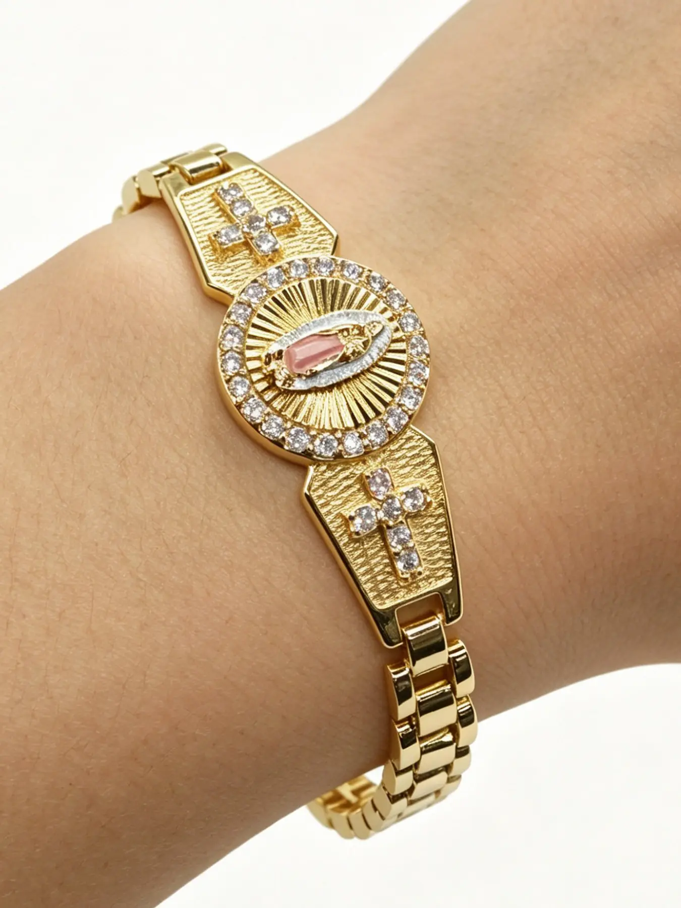 Vintage Religious Rhinestone Mary Cross Bracelet, Unisex, Easter, Thanksgiving, Church Prayer Jewelry, Adjustable Bracelets, Exquisite Bracelet