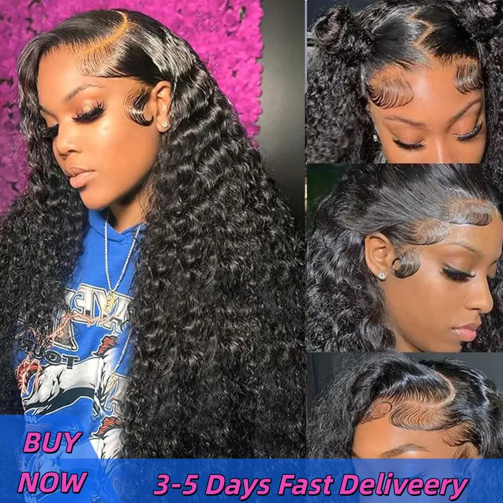 30 Inch Deep Wave Lace Front Wigs Human Hair 180 Density 13x4 13x6 HD Lace Frontal Wigs Human Hair Pre Plucked Deep Curly Glueless Wigs Human Hair for Women Natural Black