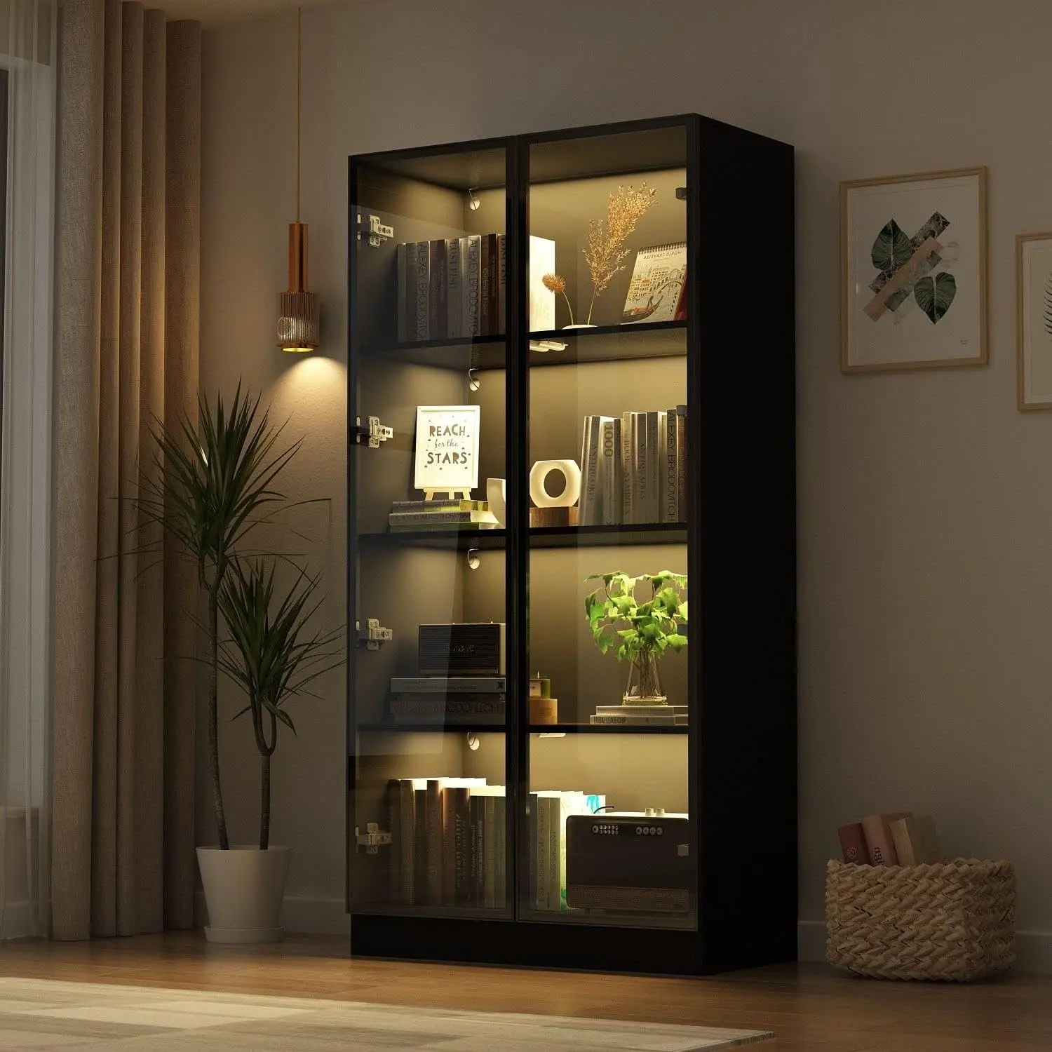 FUFU&GAGA Display Cabinet with Glass Doors and Lights, 4-Tier Storage Shelves, Pop-up Design, Trophy Case Display for Collectibles, Display Case Black