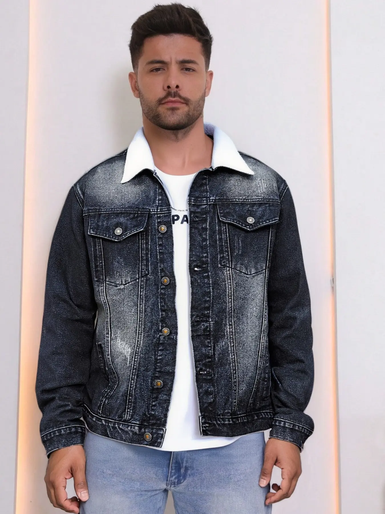 Men's Casual Fashion Fleece Collar Long Sleeve Button Front Denim Jacket, Korean Style Classic Vintage Washed Jean Coat, Perfect Gift for Boyfriend, Menswear