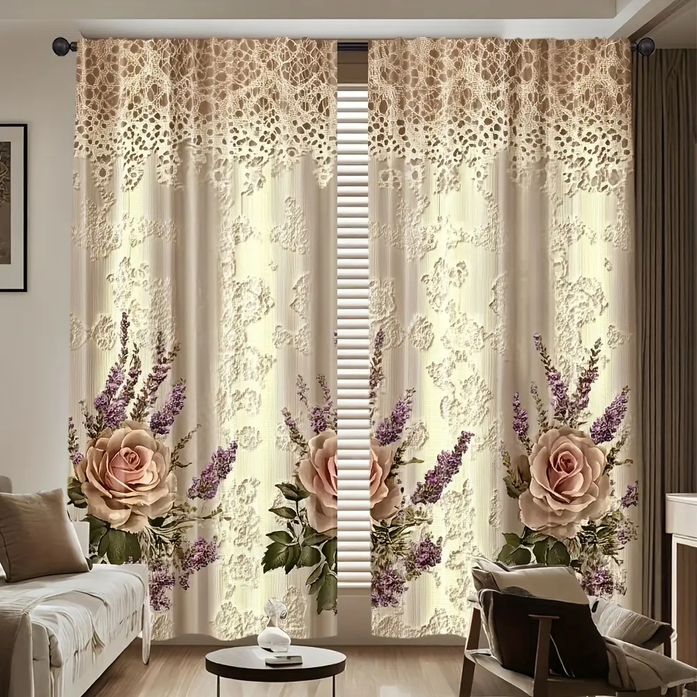 2-Piece set, 2D flat, elegant floral curtains - beige rose pattern, translucent rod pocket design, suitable for living room bedroom kitchen office home decoration - modern design, room decoration, Home Decorative Curtain, Window Curtain, Window Drapes