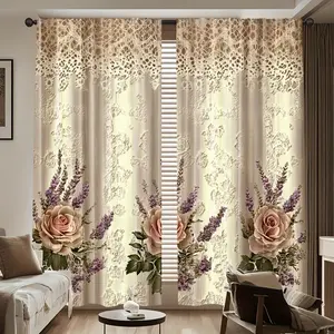 2-Piece set, 2D flat, elegant floral curtains - beige rose pattern, translucent rod pocket design, suitable for living room bedroom kitchen office home decoration - modern design, room decoration, Window Curtain, Window Drapes