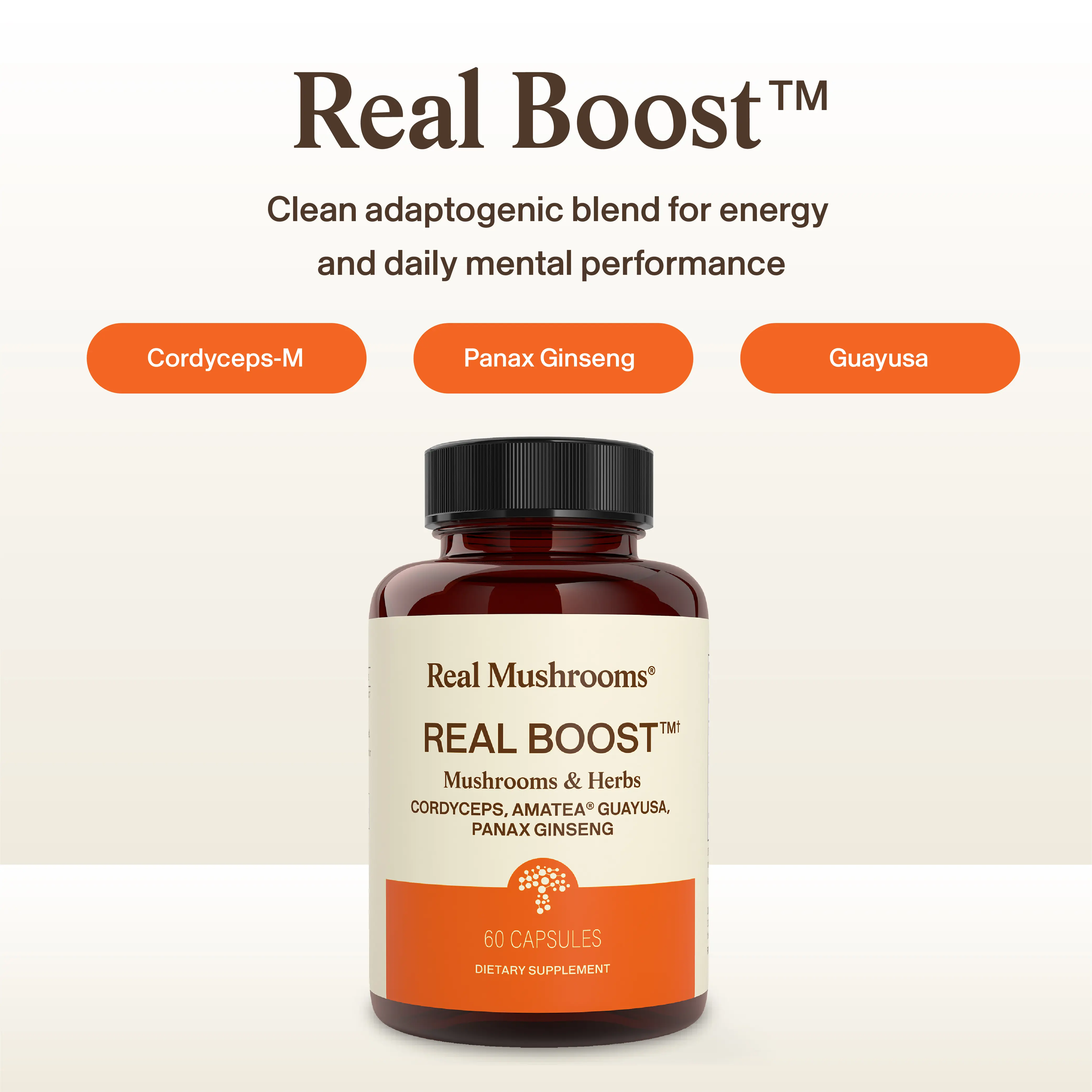 Real Mushrooms RealBoost | Organic Cordyceps Guayusa Ginseng Blend | 500mg Capsules | 60mg Caffeine | Vegan Gluten Free | 60 Capsules 30 Servings