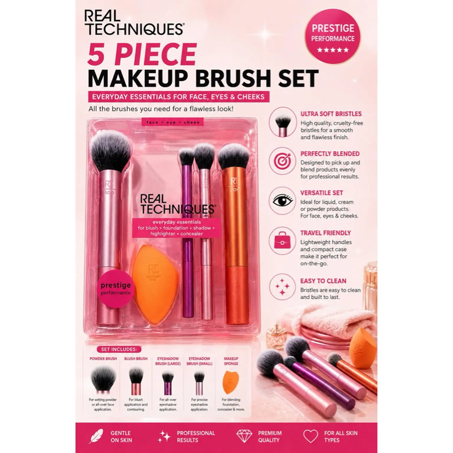 Real Techniques 5 Piece Makeup Brush Set - Ultra Soft Bristles, Perfectly Blended, Versatile, Travel Friendly, Easy to Clean, For Face, Eyes & Cheeks