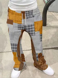 Men's Vintage Classic Plaid Print Loose Bell Bottoms, Drawstring Sport Pants, 3D Soft Breathable Fabric, Casual Fashion Daily Wear, Drawstring Waist Pants, Drawstring Trousers