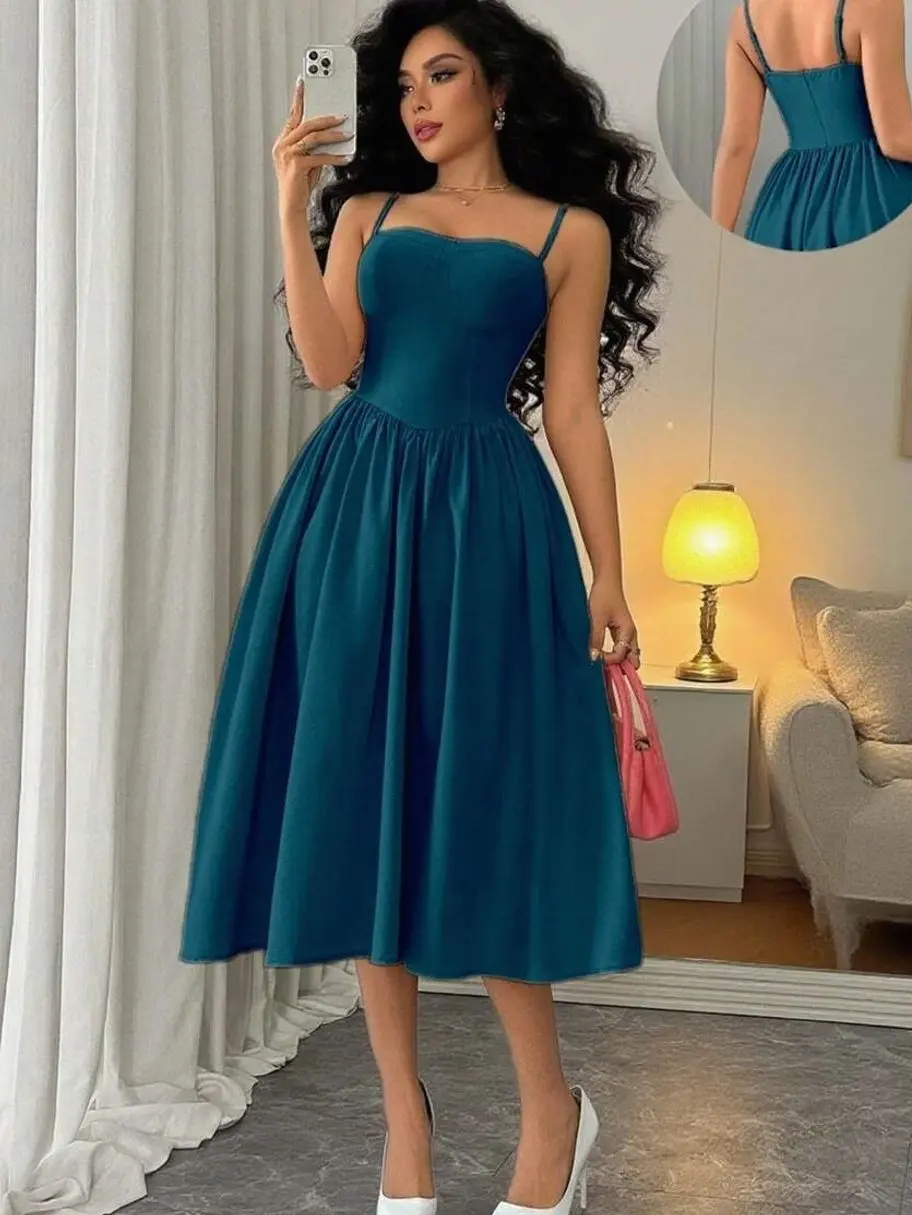 Rafferiza Fashionable & Versatile Women's Spaghetti Strap Waist Flared Dress For Dates, Parties, Autumn/Winter Summer Dress