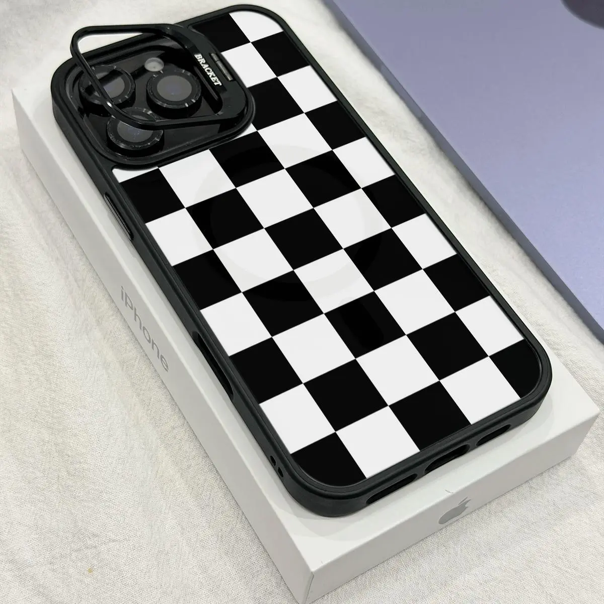 Checkerboard Pattern MagSafe Shockproof Smartphone Casing - Magnetic Anti-Scratch Handheld Cellphone Case with Camera Foldable Stand, Compatible for iPhone 17 Pro Max/16/15 & Samsung Galaxy Devices, W/ 2 Free Full Coverage Tempered Glass Screen Protectors