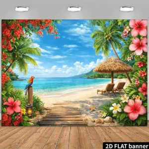 1PC Tropical Beach 2D Flat Backdrop - Hawaiian Sandy Beach with Flowers & Coconut Trees, Festive Party Decor Banners, Ideal for Photography & Event Decoration