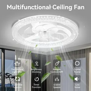 GALENTAL DiamantesSmart Ceiling Fan with Light, 6-Speed Reversible DC Motor, APP/Remote Control, Timer & Stepless Dimming, 3 Color Temperatures (3000K-6500K), 20"-White Crystal for Bedroom, Living Room, Study