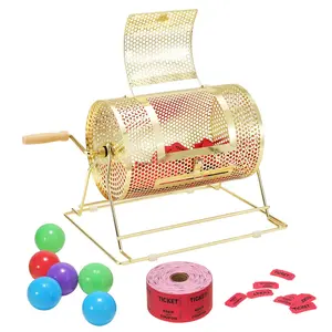 【Summervibes】VEVOR Raffle Drum,  11.6 x Ø7.48 inch Brass Plated Raffle Ticket Spinning Cage, Holds 2500 Tickets or 100 Ping Pong Balls, Metal Lottery Spinning Drawing with Wooden Turning Handle, for Bingo Ballot Pa