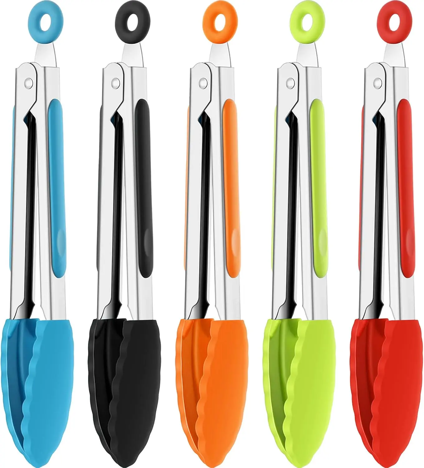 5PCS Mini Kitchen Tongs 7 Inch Silicone Tongs for Cooking Serving BBQ, Small Stainless Steel Food Tong with Silicone Tips for Salad, Bread, Buffet, Party & Kitchen Use