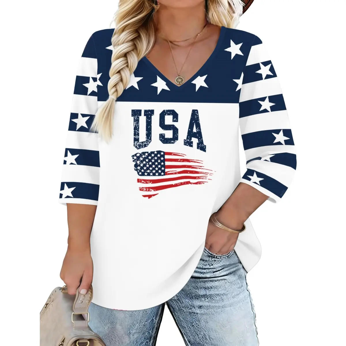 Women's 3/4 Sleeve Loose Fit V Neck Patriotic USA Flag Star Striped Blouse - Memorial Day 4th of July America250 Outdoors Tunic Tee, S-5XL (2xl,3xl Incl) for Holiday, BBQ, Vacation