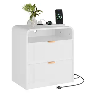 24" Fluted Nightstand with Charging Station, Wooden End Table with 2 Drawers Storage, Curved Profile Design, Modern Bedside Cabinet for Bedroom Living Room, White