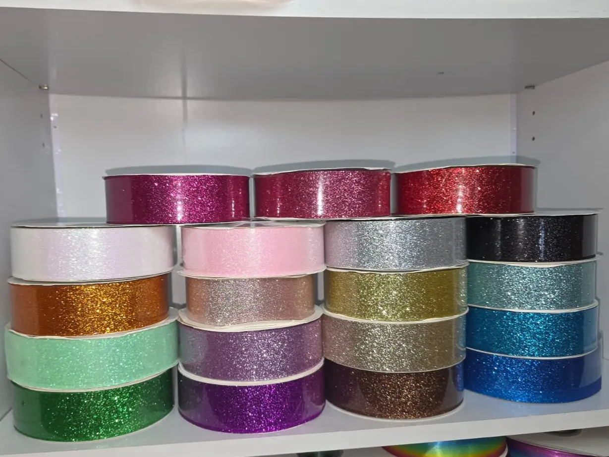 Premium Single-Sided Glitter Decorative Ribbon - 4cm Wide Width, 50yds, High Shine Sparkle, Easy to Cut for Crafters, Holiday Decorations, Gift Wrapping