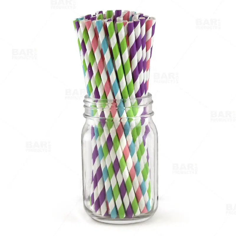 BarConic® Disposable Eco-Friendly Striped Paper Drinking Straws - 7.75in, 100 Pcs - Bar & Kitchen Utensils for Cocktails, Disposable Eco-Friendly Stripes