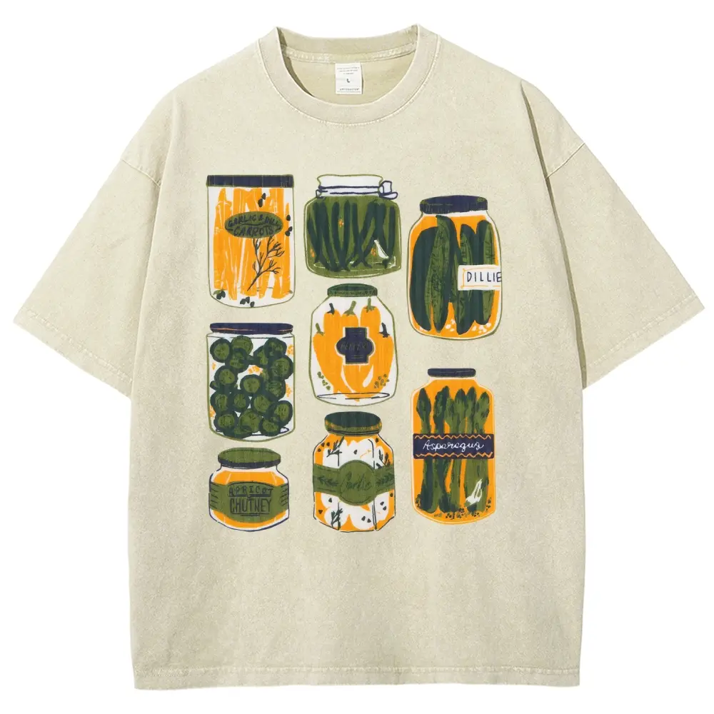 Vintage Pickled Vegetable Jars Graphic T-Shirt, Washed Beige Tee, Retro Canned Food Art Print, Gift For Foodies & Cottagecore Fans