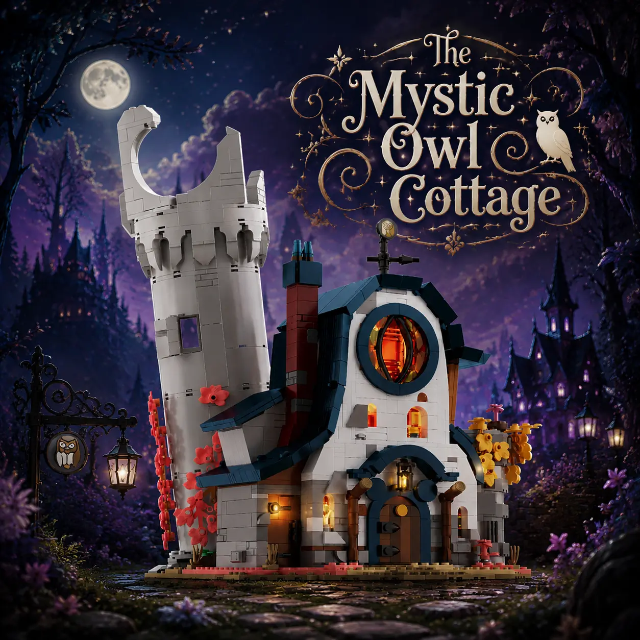 Mystic Owl Cottage Magic Castle Collectible Buildable Brick Kit - 1410 Pieces, DIY Assembly, Detailed Interior Rooms, Fantasy Wizard Cottage Vibe, Architecture Model Enthusiasts, Ideal Gift for Adults