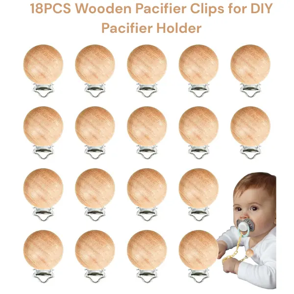 18PCS Wooden Pacifier Clips for DIY Pacifier Holder, Baby Teething Suspender Clips Birthday Gift Father Day Gift