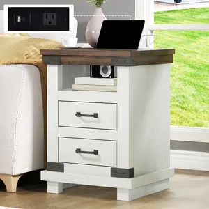 AMERLIFE Farmhouse Nightstand with Charging Station, 18" Wood Rustic Night Stand with 2 Storage Drawers, Heavy Duty Bedside Sofa Side End Tables for Bedroom, Living Room