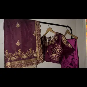 3 pcs purple Silk embroidered saree with blouse and petticoat