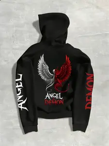 Men's Loose Fit Graphic Letter Wings Print Hoodie Sweatshirts with Drawstring, Long Sleeve, Streetwear, Boyfriend Gift, Casual Fall & Winter Fashion