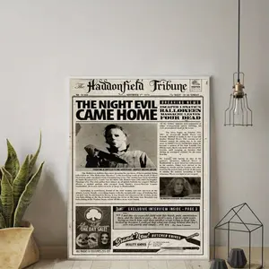 1pc Michael Myers Halloween Iconic Horror Movie Poster - Vintage Newspaper Style Frameless Canvas Print, Michael Myers Face & Name Wall Art for Home, Office, Dorm Decor - Unframed Iconic Character Gift for Fans