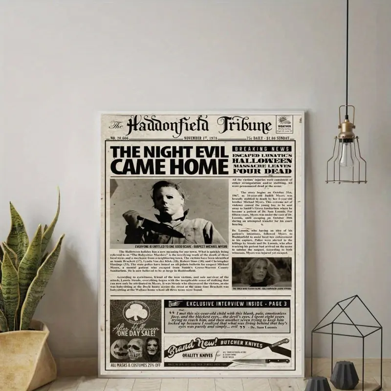 1pc Michael Myers Halloween Iconic Horror Movie Poster - Vintage Newspaper Style Frameless Canvas Print, Michael Myers Face & Name Wall Art for Home, Office, Dorm Decor - Unframed Iconic Character Gift for Fans