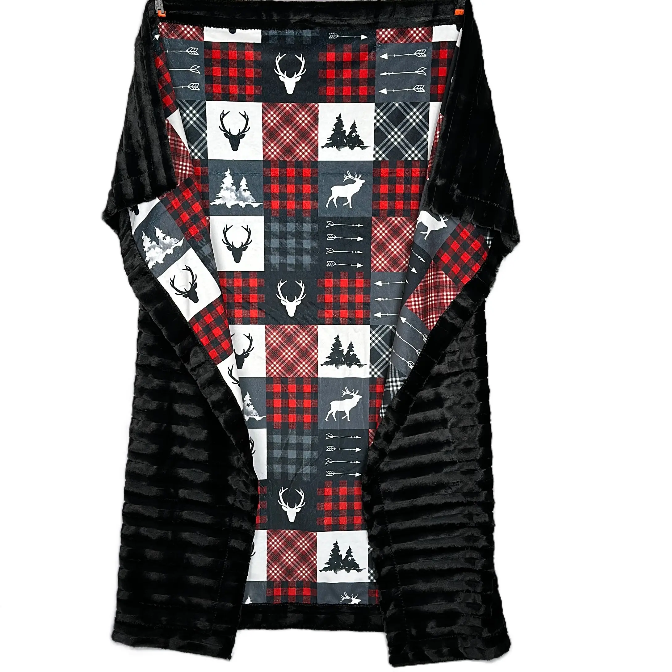 Lumberjack Patchwork on Black Chinchilla 57x62 Throw/Travel Blanket